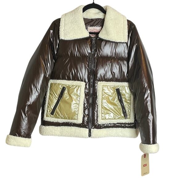 NWT Levis Breanna Faux Fur Pearlized Brown Sherpa Puffer Jacket Women's Size M - Picture 4 of 9